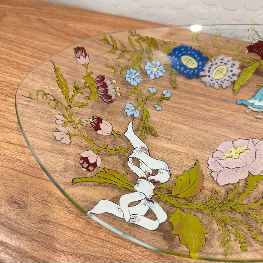 Vintage Dorothy Thorpe Hand-Painted Floral Glass Accent Bowl Platter
